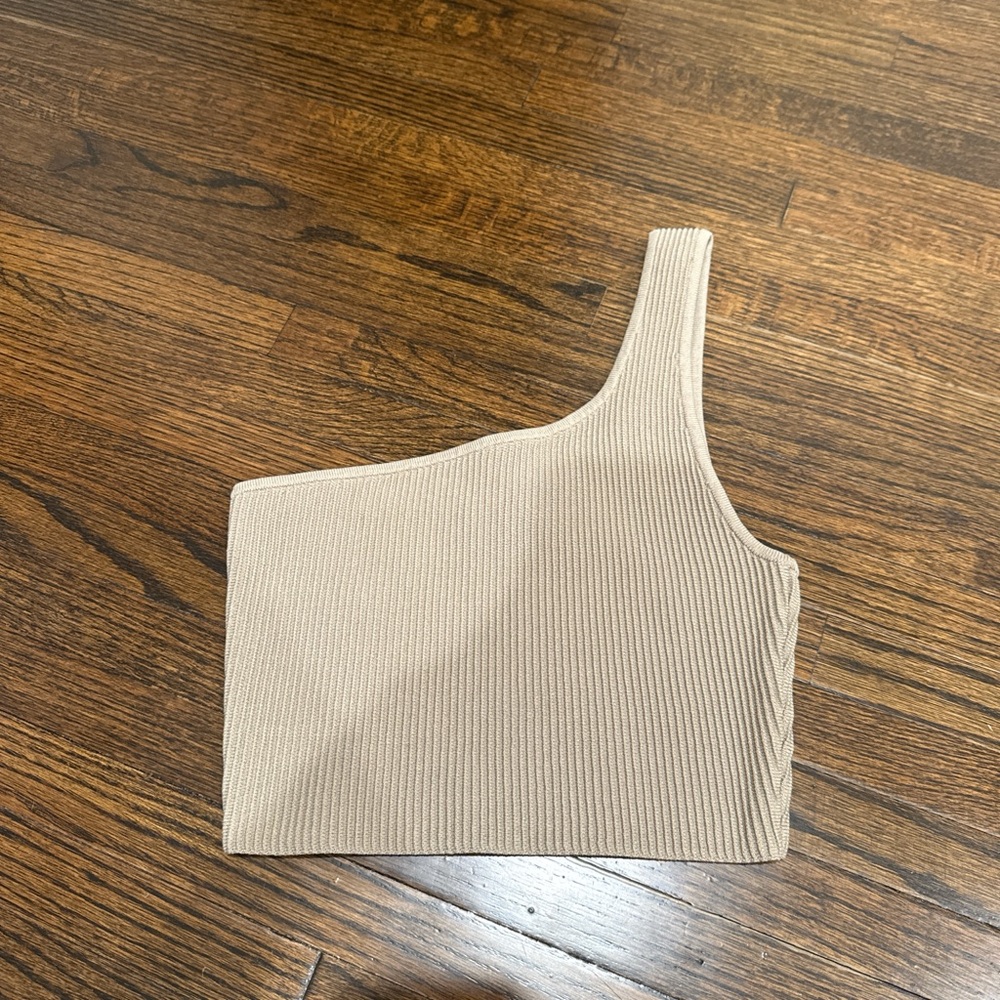 Aritzia Beige Ribbed One-Shoulder Tank Top